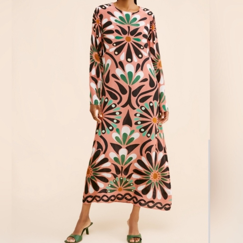 FARM RIO🤎💙💛 Ainika Flowers Long Sleeve Maxi Dress size small